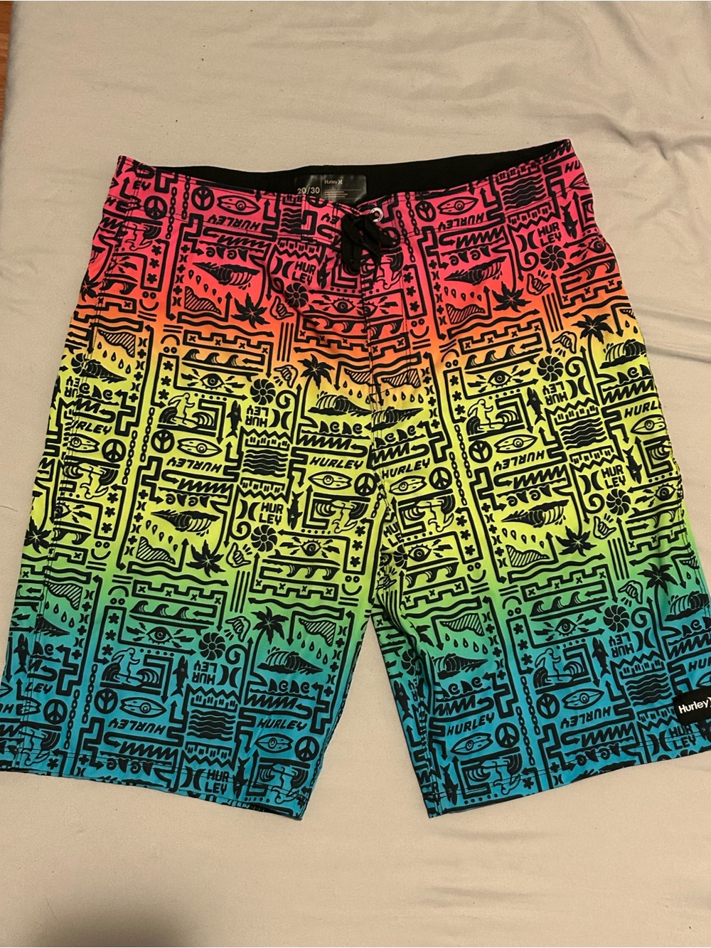 Hurley Squiggle Neon Ombre Tribal Beach Tropical Vacation Swim Boardshorts 20/30